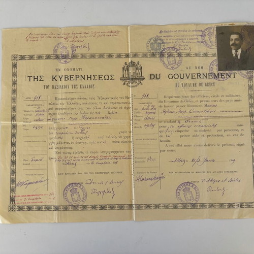 Authentic 1919 Greek Kingdom bilingual passport document