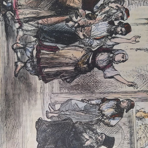Hand-colored woodcut 1879 Cyprus village Eptakomi used