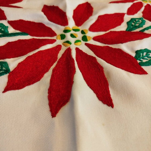 Christmas handmade vintage tablecloth used with embroidery and knitted border
