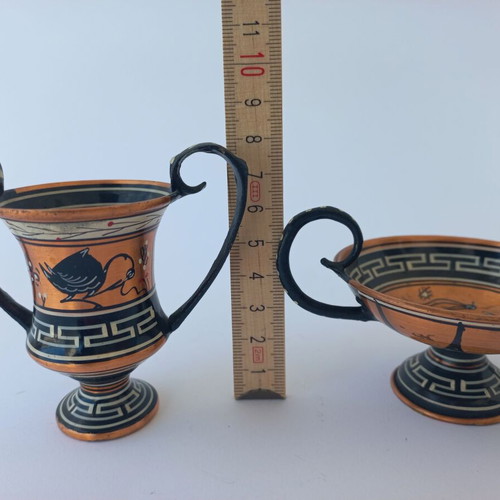 Set of 5 old copper amphora miniatures like new, handmade Greek