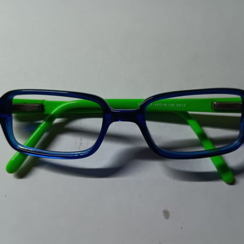 Children's glasses used, green and blue with repaired right arm
