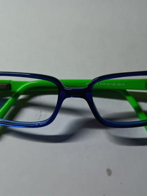 Children's glasses used, green and blue with repaired right arm