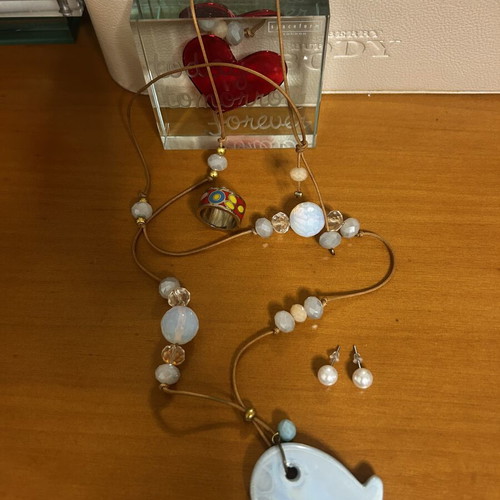 Fish Necklace 50 cm with pearl earrings and ring, new