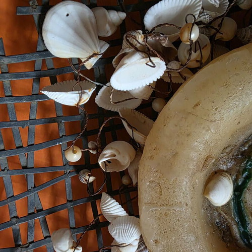 Decorative metal tray like new with shells and candle 38.5x37 cm