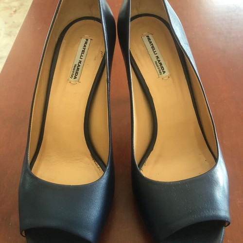 Fratelli Karida leather peep-toe pumps, blue, heel 8 cm