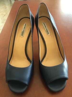 Fratelli Karida leather peep-toe pumps, blue, heel 8 cm