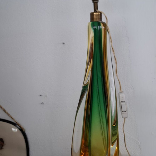 Murano Sommerso Table Lamp used, hand-blown green and amber glass with brass ring