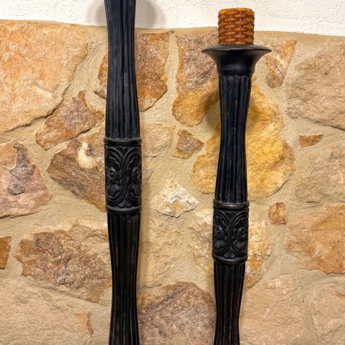 Set of 2 wooden floor candlesticks used, vintage neoclassic style