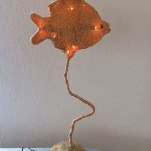 Handmade fish table lamp with rope, boho style