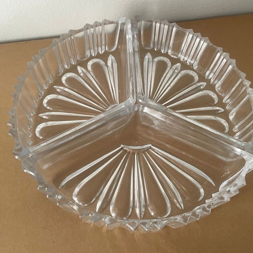 Vintage glass serving tray used with embossed fan design, 3 sections