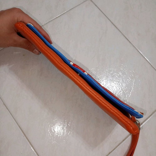 Leather London clutch bag new, handheld, blue and orange