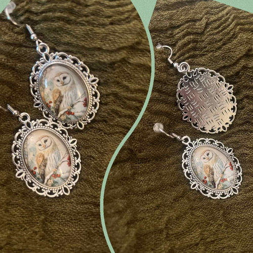 Vintage woodland owl earrings in ornate silver frame like new