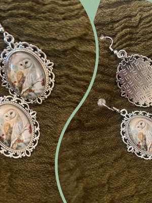 Vintage woodland owl earrings in ornate silver frame like new