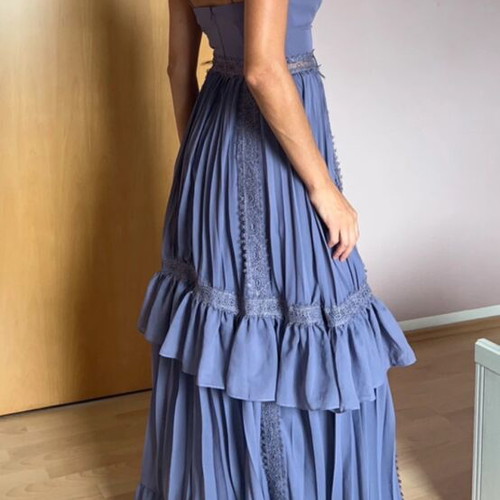 blue and white striped long dress De La Vali Lilith Ruched Maxi Dress in Blue Chiffon – WMIYHire main image 1