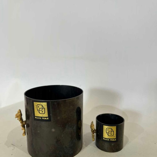 Vintage Black Peal metal vases set of 2 used with gold flower design