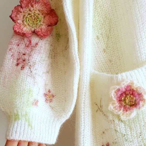 Cardigan long knit with handmade crochet flowers, new, alpaca wool