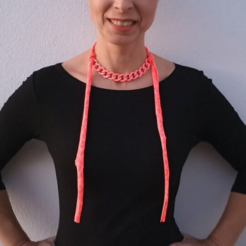 Elastic necklace and bracelet set with chain, coral-pink