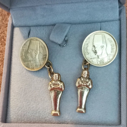 Cufflinks with Egyptian 2 Piastres 1937 Coin, silver 925, used