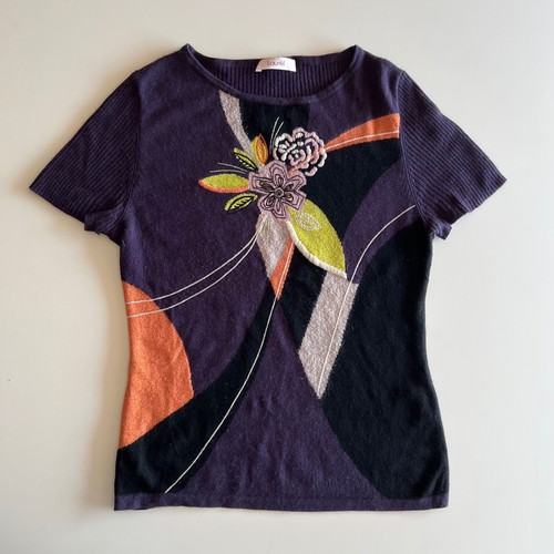 Laurel blouse used, silk cashmere, size Medium 38, purple with floral design