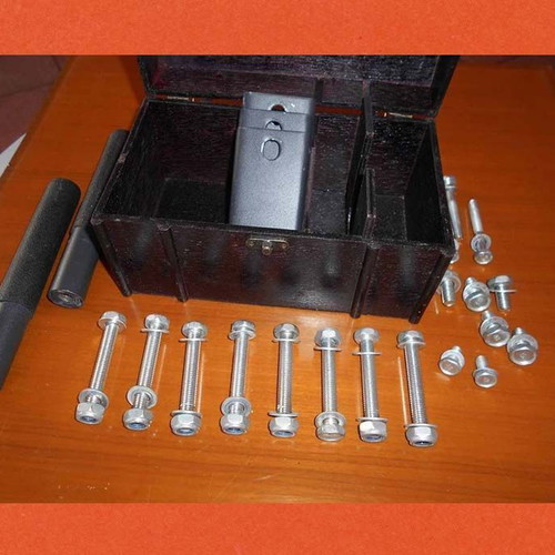 Box with various metal parts and 18 screws used
