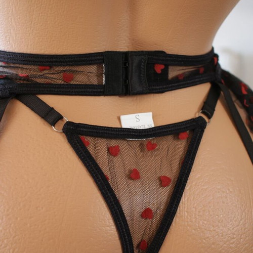 Three-Piece Lingerie Set with Lace Black and Red Hearts New