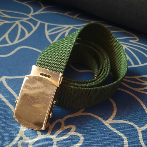 Khaki military-style adjustable belt with gold buckle