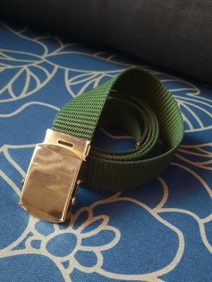 Khaki military-style adjustable belt with gold buckle