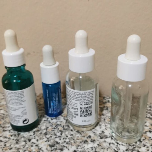 Empty dropper bottles used, 3 of 30 ml and 1 of 10 ml