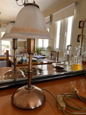 Vintage bronze table lamp with glass shade used