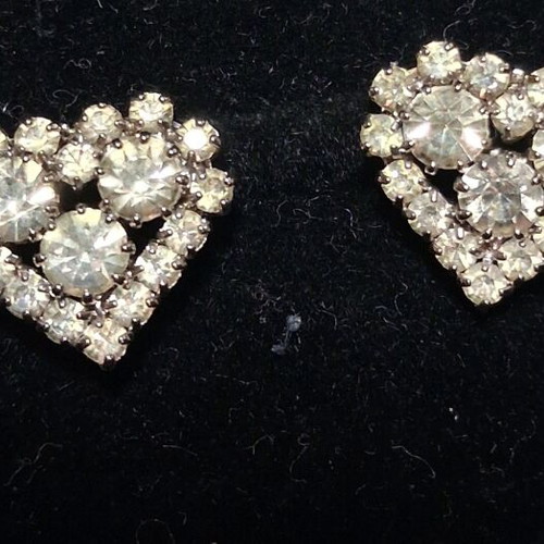 Vintage 90s Heart-Shaped Earrings with Rhinestones, Like New, Silver Color