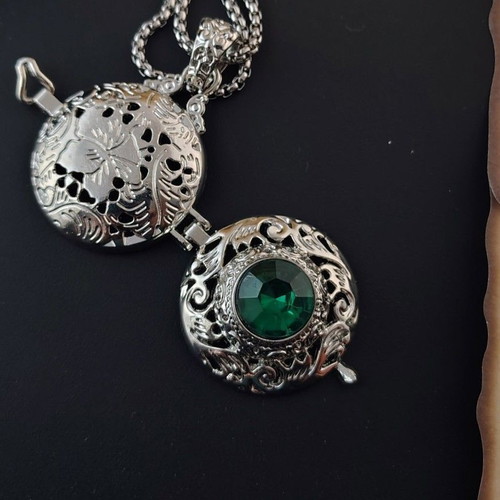 Steel Necklace with Opening Pendant Charm and Green Emerald Stone new