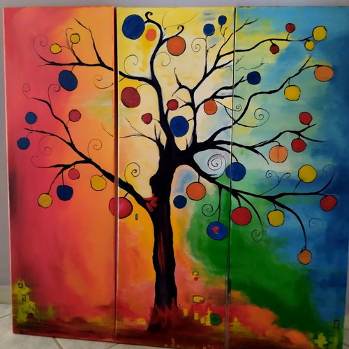 Handmade painting triptych acrylic vibrant colors 90x90 cm like new