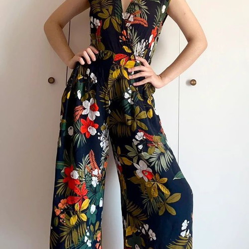 Zara colorful summer jumpsuit with tropical floral pattern, used, size S