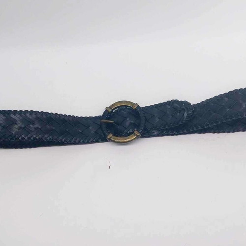 Vintage braided leather belt used, black, with brass buckle