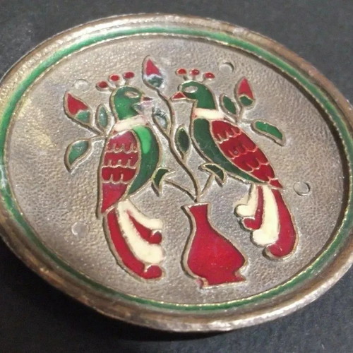 Cloisonne Enamel Plate Used, Handmade Copper and Bronze with Birds 7 cm