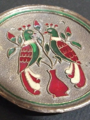 Cloisonne Enamel Plate Used, Handmade Copper and Bronze with Birds 7 cm