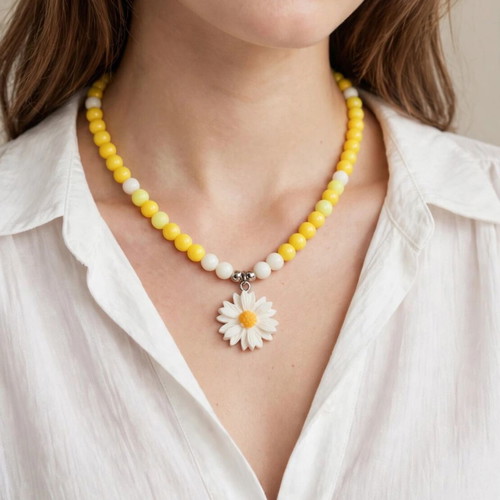 Beaded necklace yellow for spring and summer, new