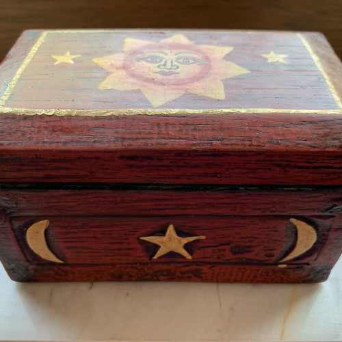 Handmade wooden jewelry box with sun and moon design, new