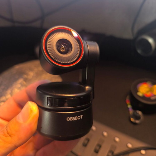OBSBOT Tiny 4K AI-Powered PTZ Webcam used, with remote and mini tripod