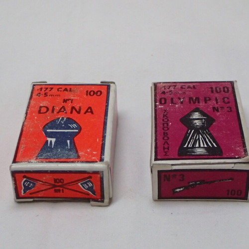 Two vintage DIANA and OLYMPIC 177 cal 4.5 mm shooting pellet boxes new, 100 pcs each