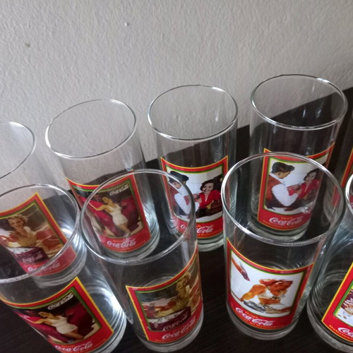 Coca-Cola set of 14 vintage promotional glasses new, 4 designs