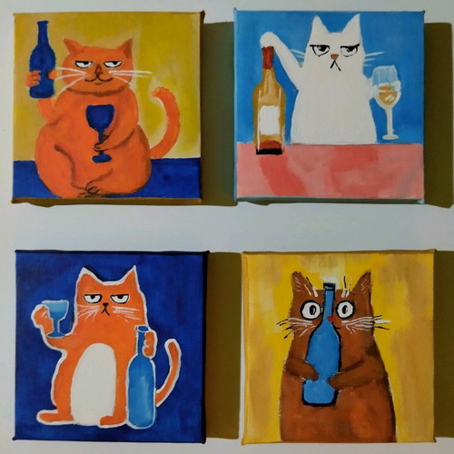 Set of 4 cat motif paintings on canvas, new