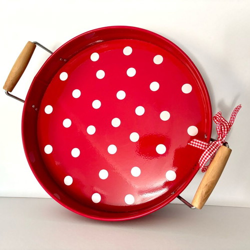 Spiegelburg metal serving tray with wooden handles, like new, red with white dots