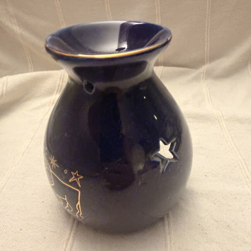 Zodiac Leo Wax Burner used, navy blue ceramic with gold designs