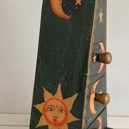 Wooden Pyramid Chest of Drawers used with Hand-Painted Sun Moon Stars