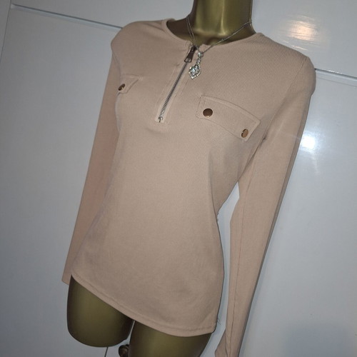 Beige soft ribbed top blouse t-shirt size large