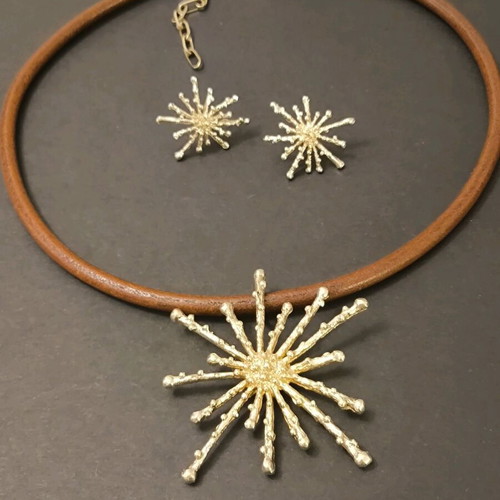 Silver 925 handmade gold-plated set like new with brown leather strap