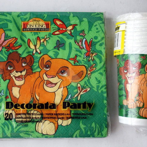 Vintage 90's Lion King 20 napkins and 10 cups Decorata new
