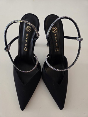 Envie Shoes Black Satin Slingback Pumps with Rhinestone Straps