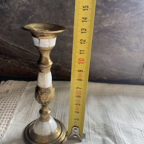 Vintage brass candlestick with mother-of-pearl, like new, 13.5 cm